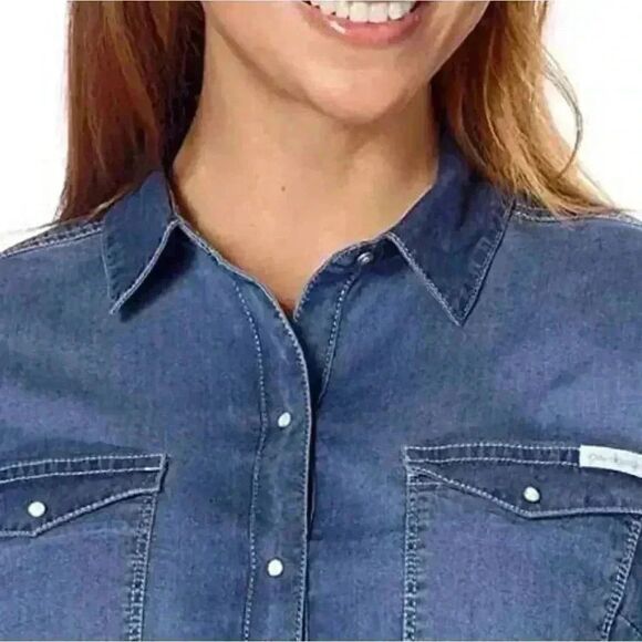 Calvin Klein Women's Blue Brady White Small Snap Front Denim Shirt - Picture 3 of 13